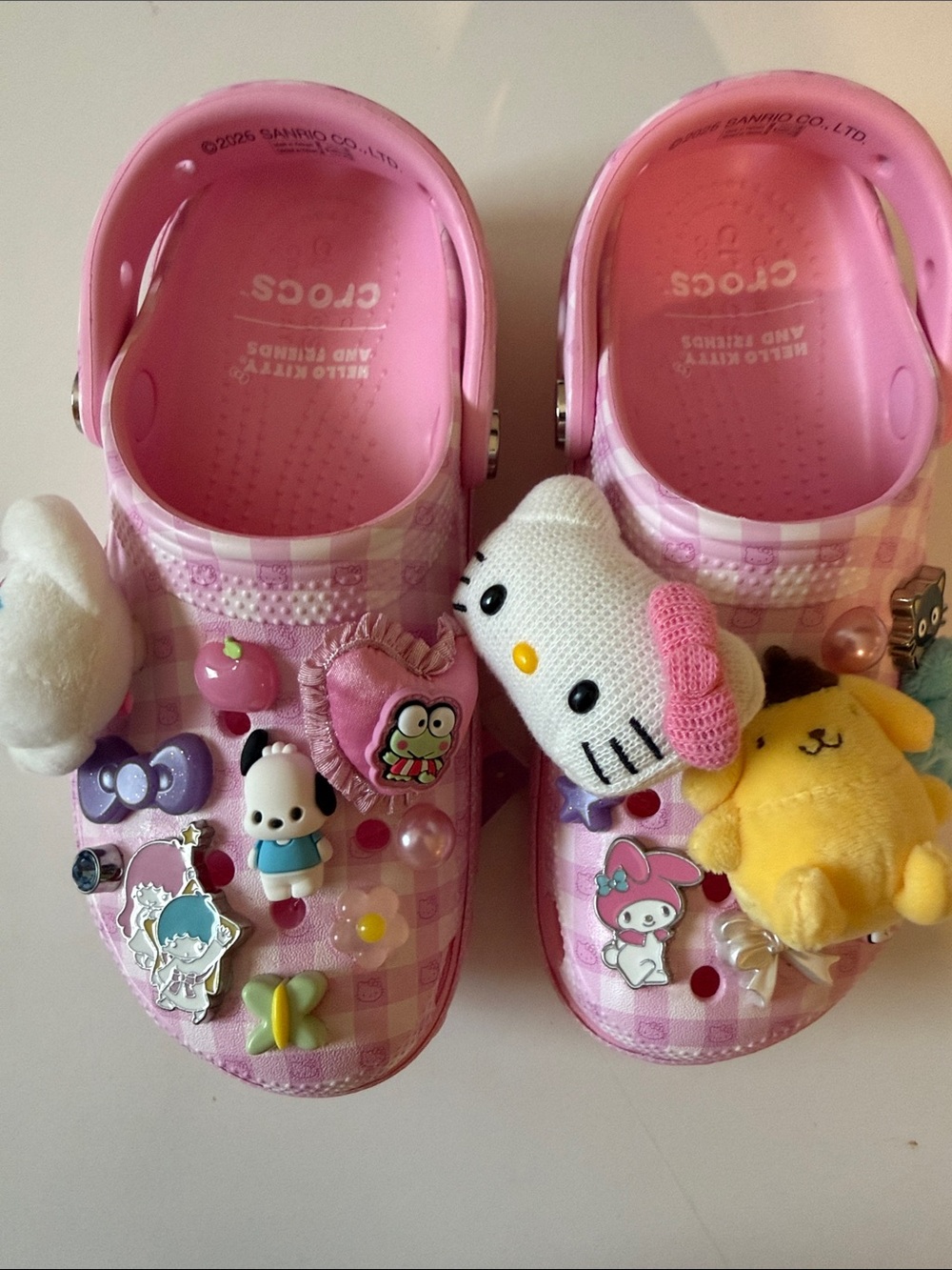 CROCS Pink Checkered Platform Clogs with Sanrio Charms